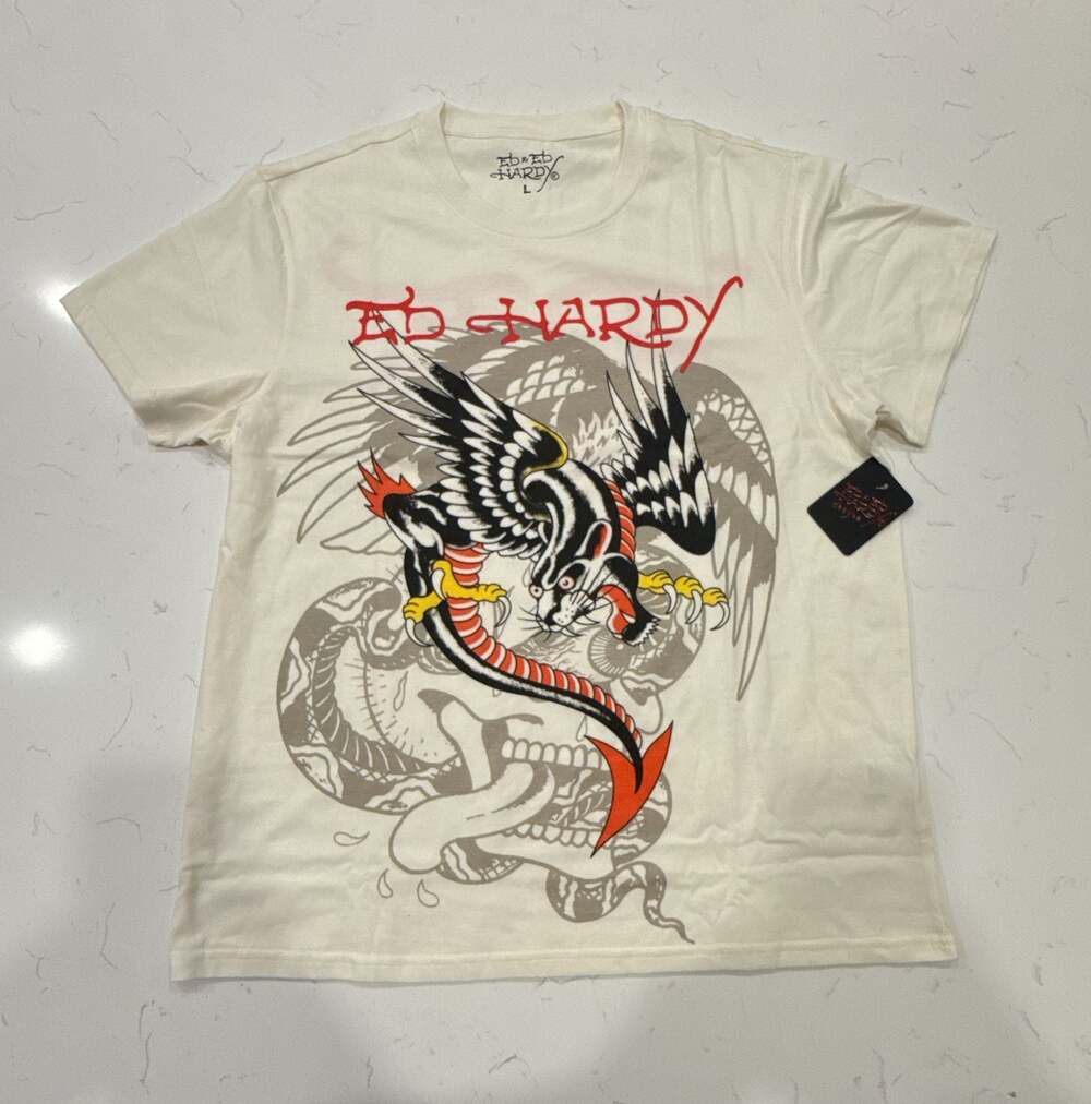 Ed Hardy Off-White Eagle and Snake Graphic T-Shirt